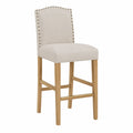 Tabouret de bar 95 cm x 45 cm x 50 cm bois d’hévéa tissu polyester beige clous décoratifs laiton