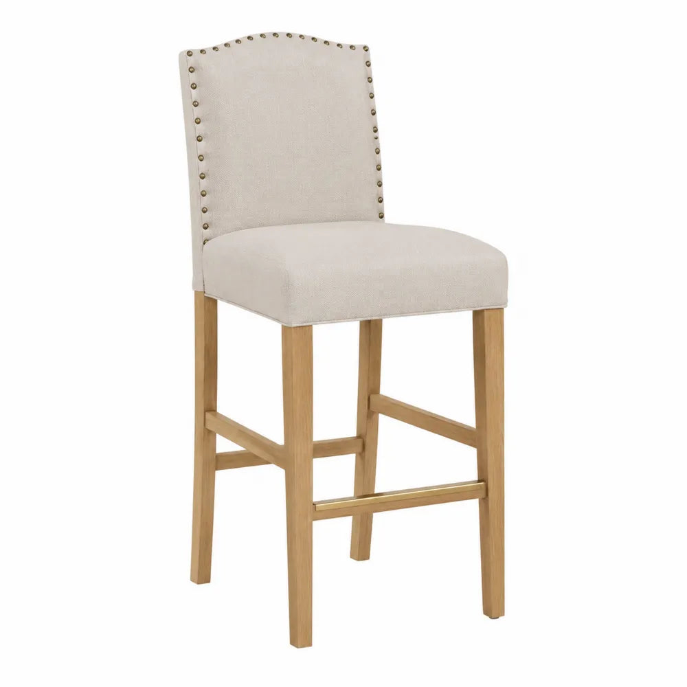 Tabouret de bar 95 cm x 45 cm x 50 cm bois d’hévéa tissu polyester beige clous décoratifs laiton
