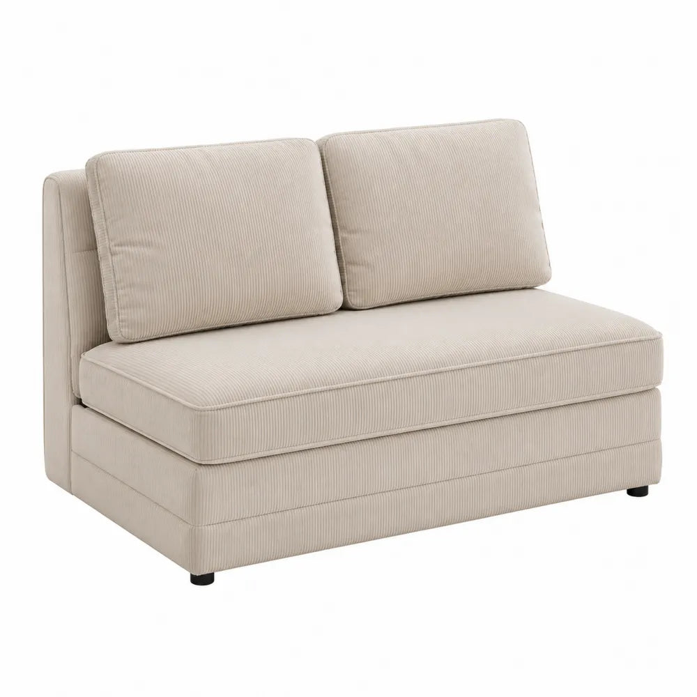Canapé deux places sans accoudoirs en velours côtelé polyester beige 140 cm x 90 cm x 82 cm