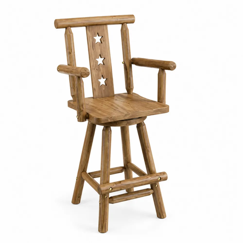 Tabouret de bar 56 x 52 x 112 cm en pin massif bois naturel avec accoudoirs dossier ajouré étoiles et repose-pieds