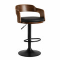 Tabouret de bar réglable H83-104 cm bois noyer PU noir piètement acier noir dossier avec accoudoirs