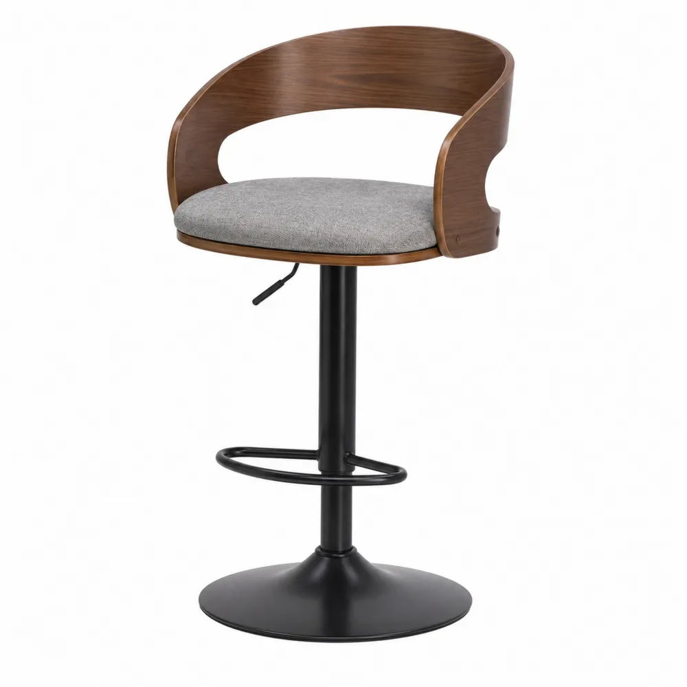 Tabouret de bar réglable 53 cm x 50 cm x 88-109 cm bois noyer PU gris acier noir pivotant avec repose-pieds