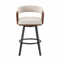 Tabouret de bar 56 x 55 x 95 cm en tissu polyester beige structure acier noir accoudoirs en bois naturel avec repose-pieds