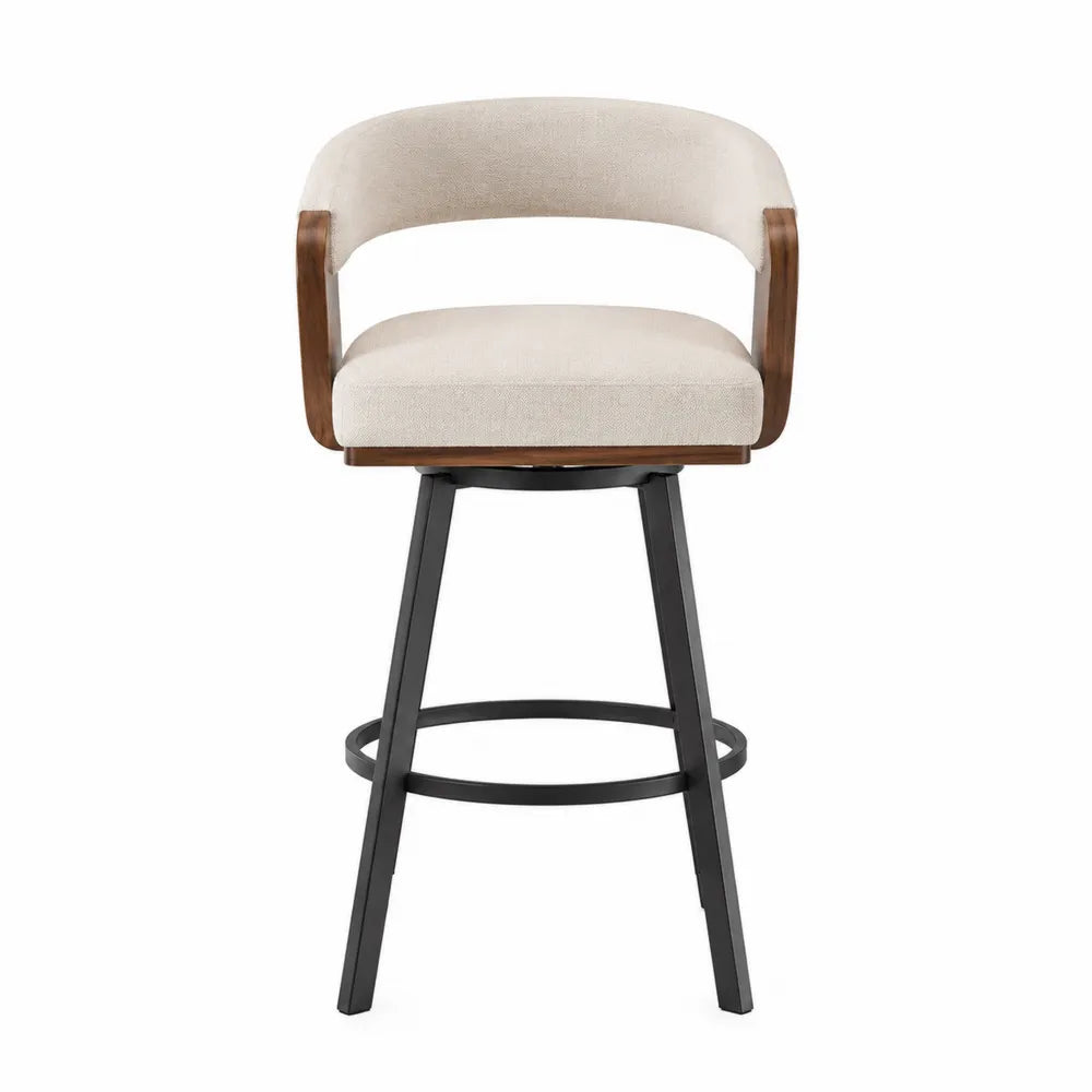 Tabouret de bar 56 x 55 x 95 cm en tissu polyester beige structure acier noir accoudoirs en bois naturel avec repose-pieds