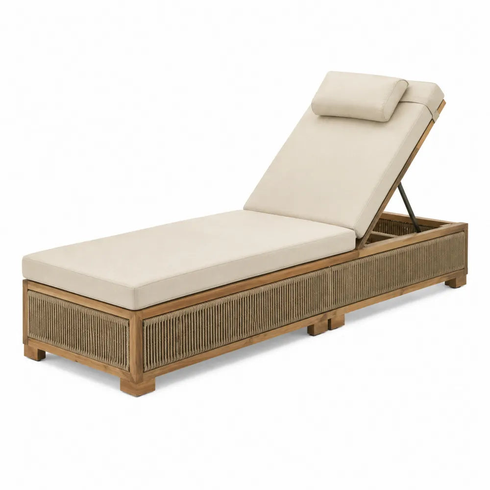 Bain de soleil réglable 200 cm L 70 cm P 35 cm bois acacia corde tressée coussins polyester beige