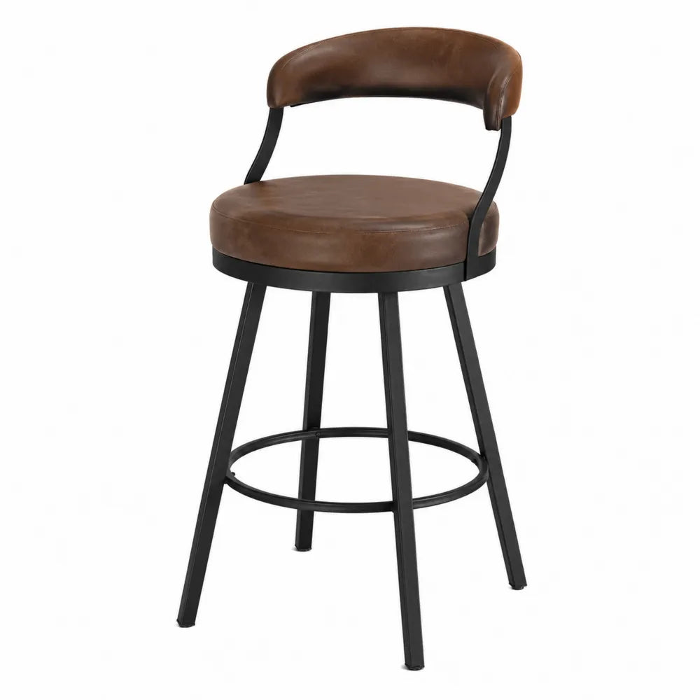 Tabouret de bar 50 x 52 x 100 cm en revêtement PU brun assise et dossier rembourrés structure métal noir avec repose-pieds circulaire