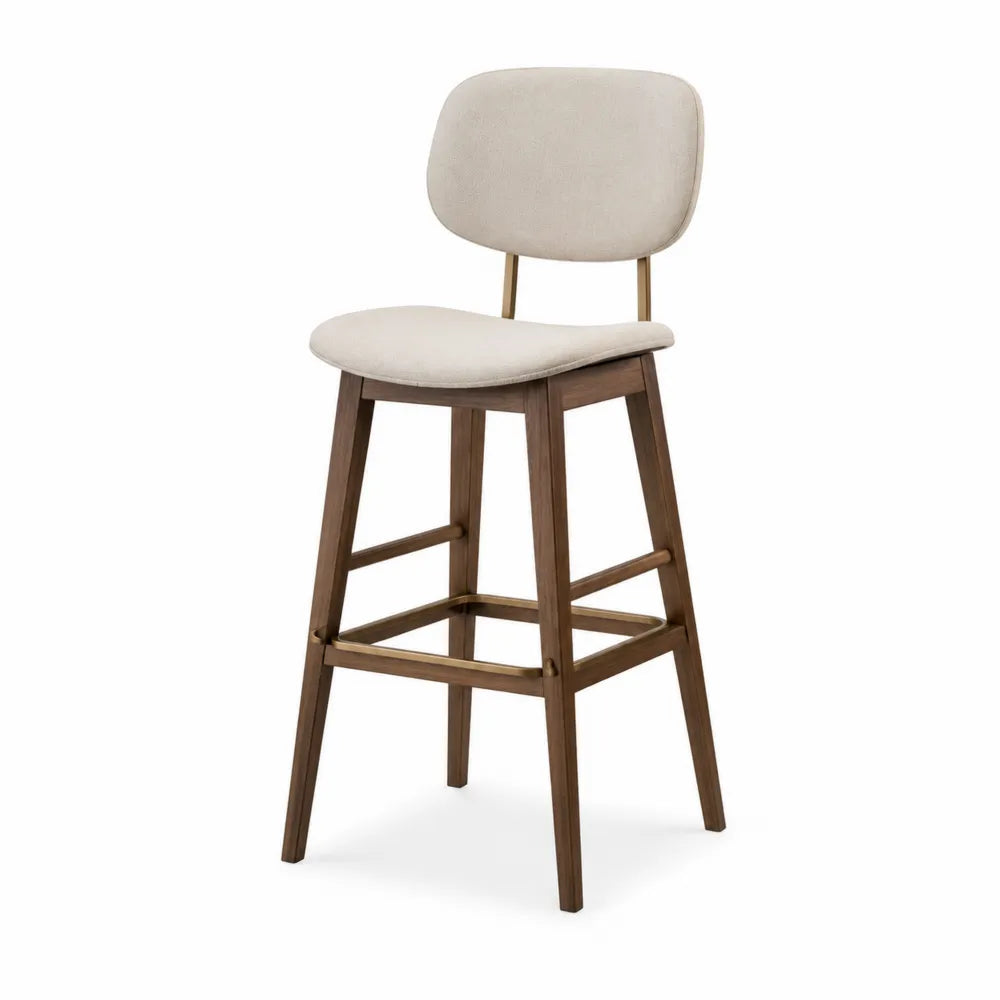 Tabouret de bar 45 cm x 52 cm x 102 cm bois massif tissu polyester beige dossier rembourré avec repose-pieds