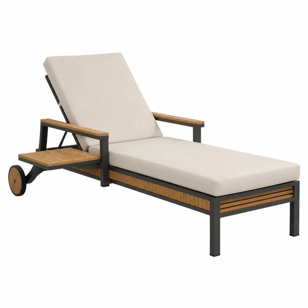 Chaise longue de jardin inclinable avec roues et tablette latérale 200 cm x 70 cm x 85 cm aluminium noir bois d’acacia coussin beige