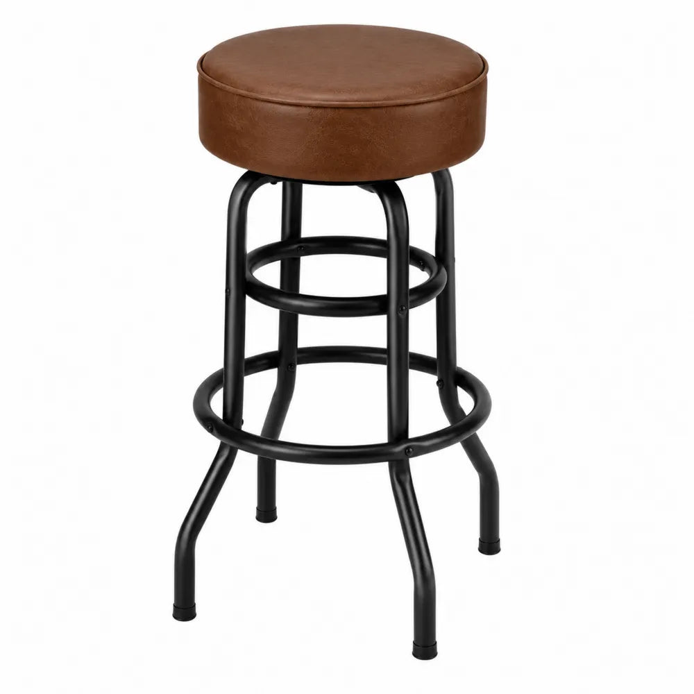 Tabouret de bar rond 42 x 42 x 76 cm revêtement polyuréthane marron piètement acier noir avec repose-pieds
