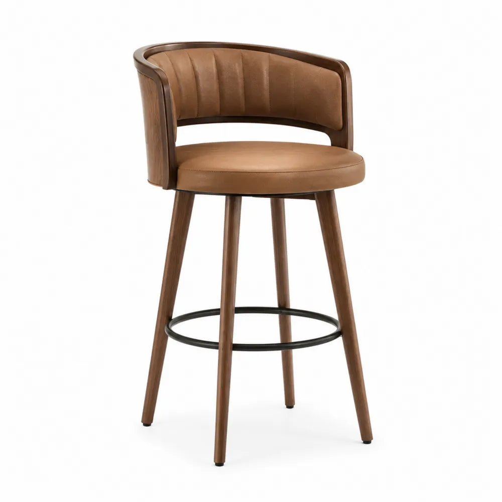 Tabouret de bar 50 x 50 x 98 cm en bois massif revêtement similicuir brun dossier arrondi repose-pieds anneau métal noir