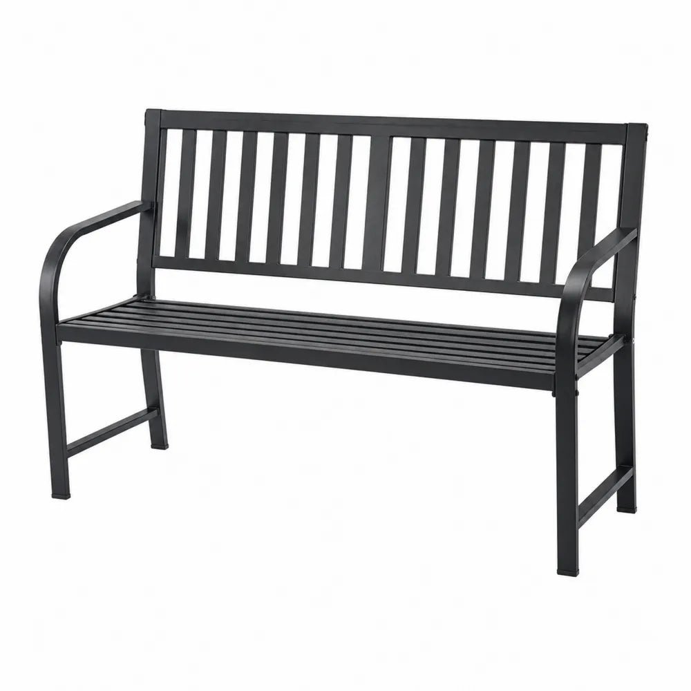 Banc de jardin 2 places en acier noir avec accoudoirs et lattes 125 x 60 x 85 cm