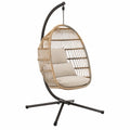 Fauteuil suspendu de jardin œuf 105 x 105 x 195 cm acier noir résine tressée beige coussins polyester écru avec support