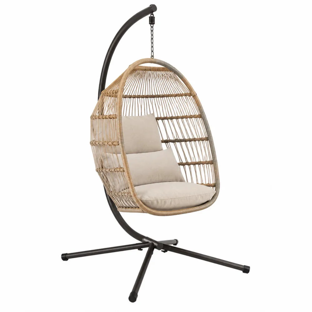 Fauteuil suspendu de jardin œuf 105 x 105 x 195 cm acier noir résine tressée beige coussins polyester écru avec support