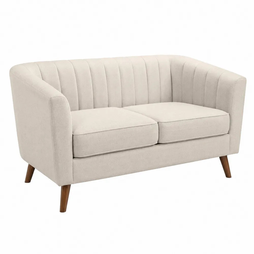 Canapé deux places rectangulaire 140 cm x 75 cm x 78 cm revêtement polyester beige dossier capitonné accoudoirs intégrés pieds en hévéa massif brun