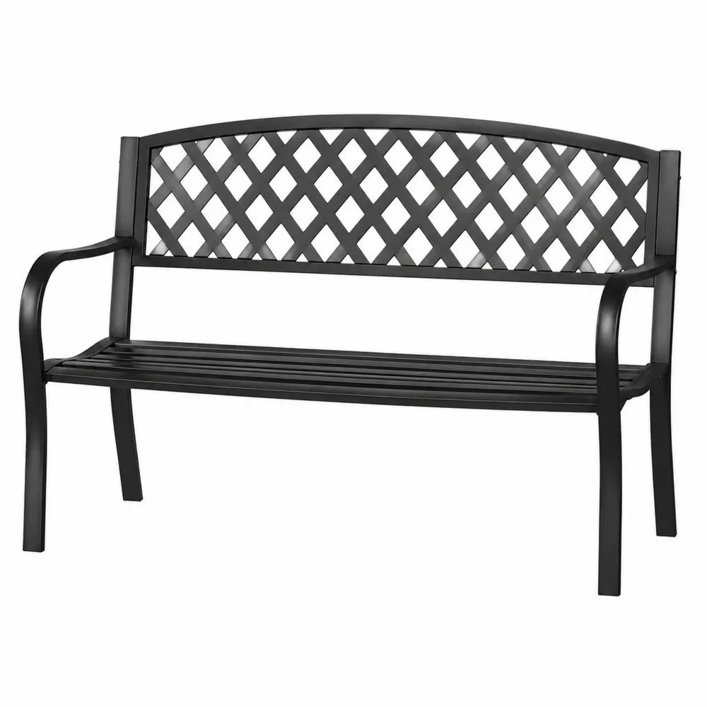Banc de jardin 2 places 127 x 60 x 87 cm acier thermolaqué noir dossier treillis assise à lattes