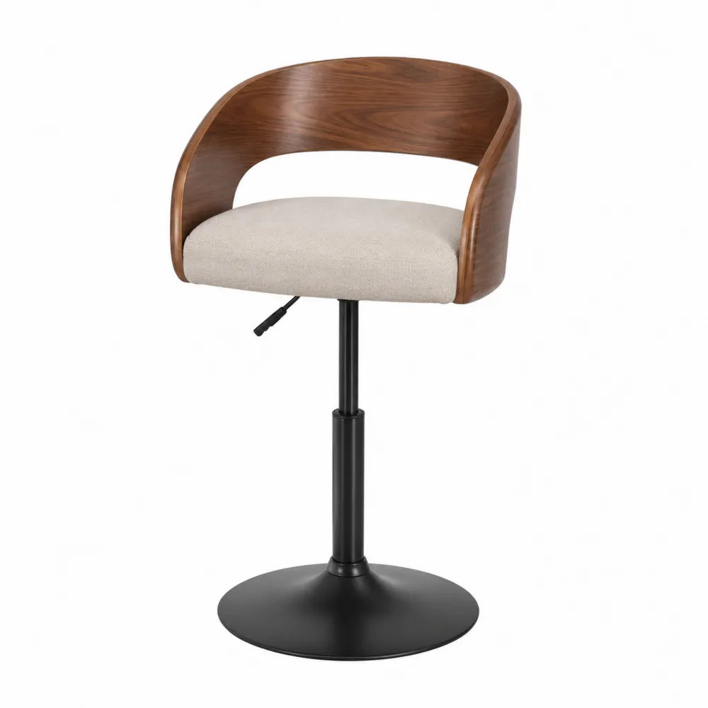 Tabouret de bar réglable pivotant H85-105 cm x L55 cm x P52 cm bois noyer tissu beige piètement acier noir avec dossier