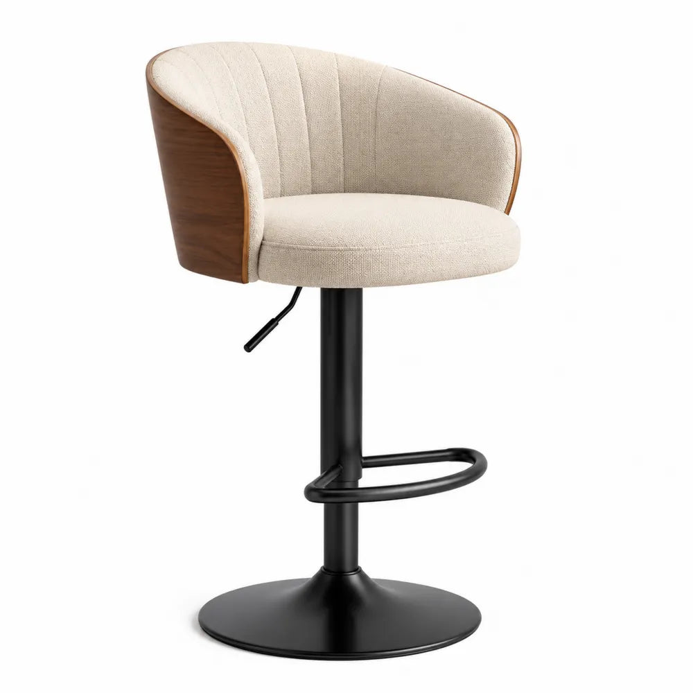 Tabouret de bar réglable pivotant H85-105 cm x L55 cm x P52 cm bois courbé tissu beige base acier noir avec repose-pieds