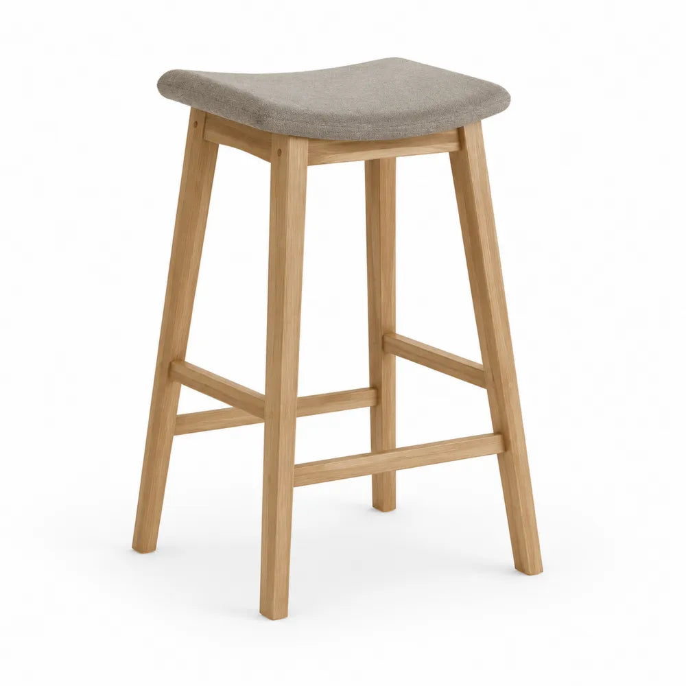 Tabouret de bar en bois massif assise rembourrée rectangulaire gris et bois naturel
