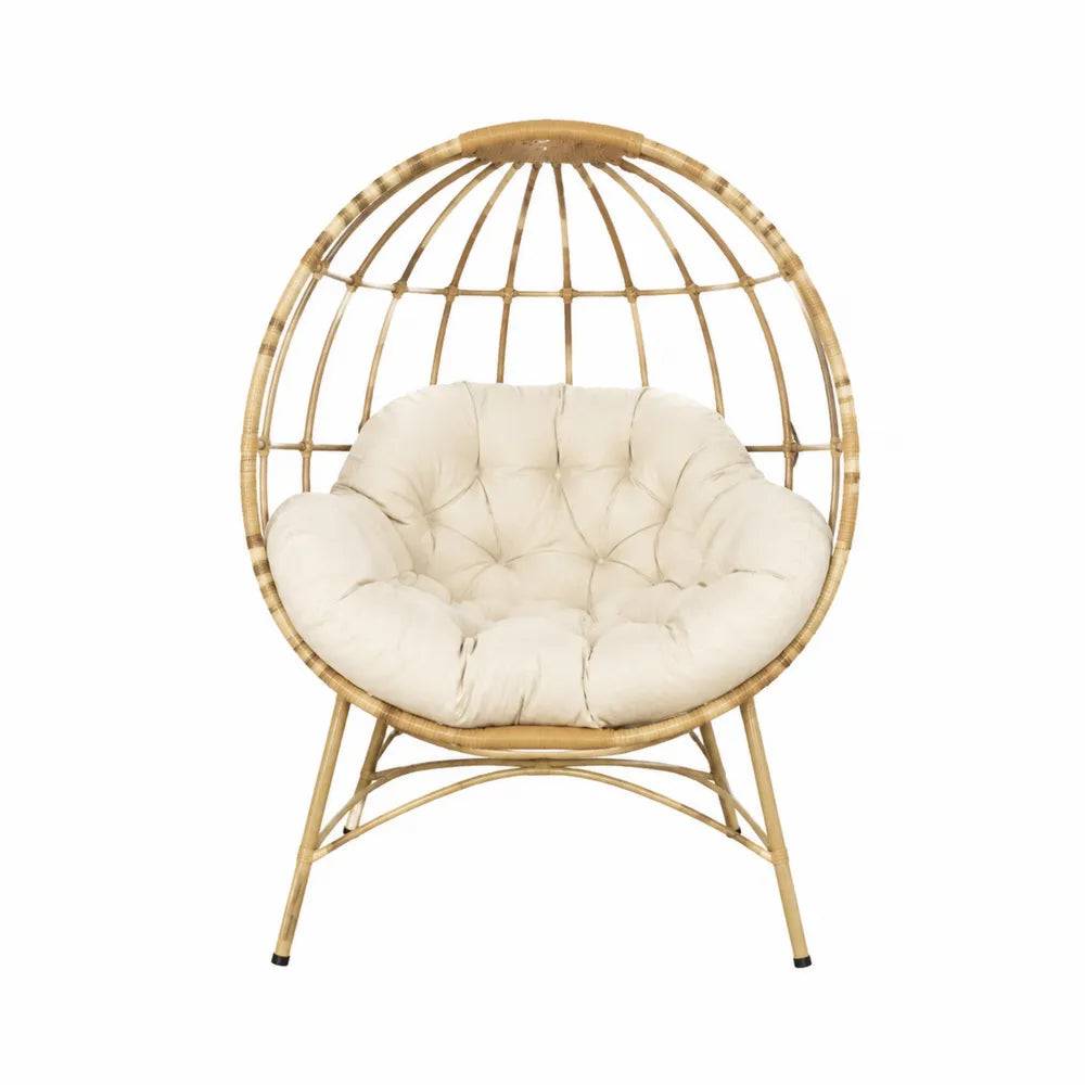 Fauteuil de jardin papasan en rotin PE naturel avec coussin crème structure acier 115 x 95 x 150 cm