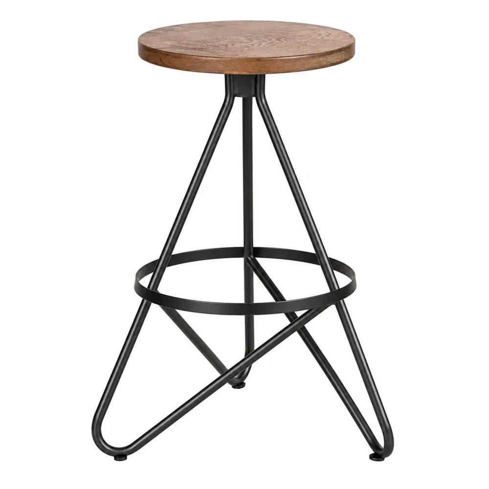 Tabouret de bar rond 75 cm x 40 cm x 40 cm bois massif acier noir repose-pieds circulaire