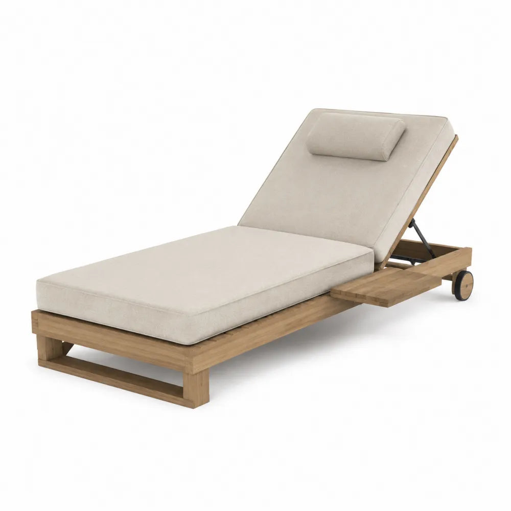 Chaise longue de jardin réglable 200 x 75 x 86 cm en bois d'acacia naturel coussins beige avec roues et tablette latérale