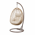 Fauteuil suspendu de jardin œuf 105 x 105 x 198 cm avec support en acier brun résine tressée beige coussins polyester beige