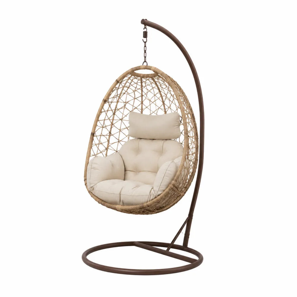 Fauteuil suspendu de jardin œuf 105 x 105 x 198 cm avec support en acier brun résine tressée beige coussins polyester beige