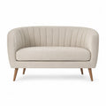 Canapé deux places 140 cm x 76 cm x 78 cm revêtement polyester écru dossier capitonné accoudoirs arrondis pieds en bois massif brun