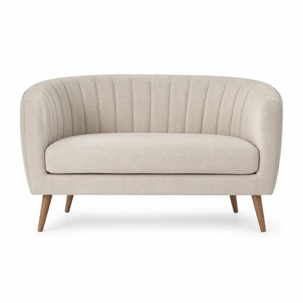 Canapé deux places 140 cm x 76 cm x 78 cm revêtement polyester écru dossier capitonné accoudoirs arrondis pieds en bois massif brun