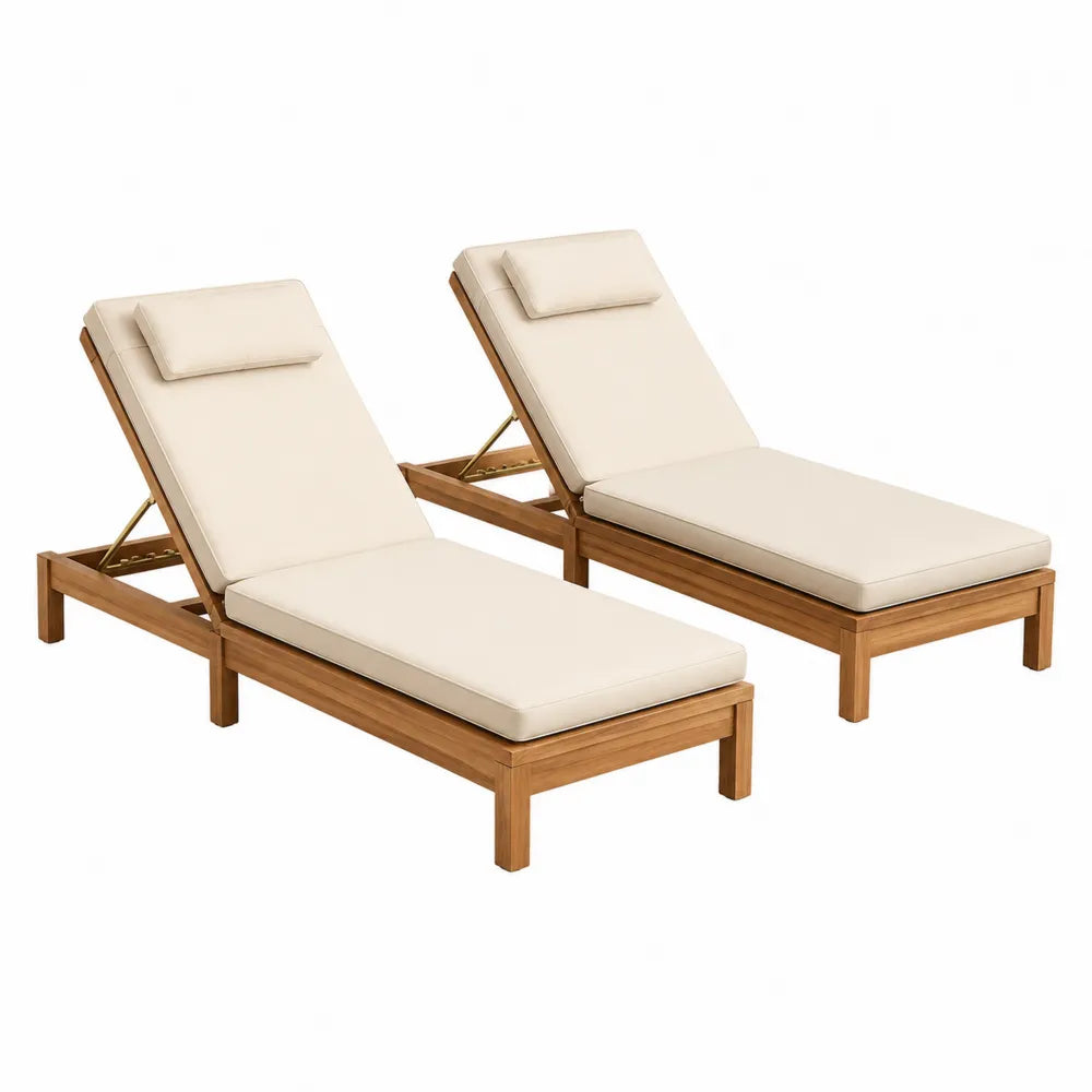 Lot de 2 bains de soleil de jardin réglables 200 x 76 x 92 cm bois d'acacia massif coussins polyester beige structure bois naturel métal doré