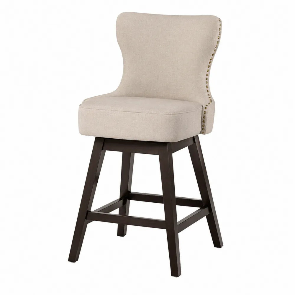 Tabouret de bar avec dossier en bois massif et tissu beige avec repose-pieds
