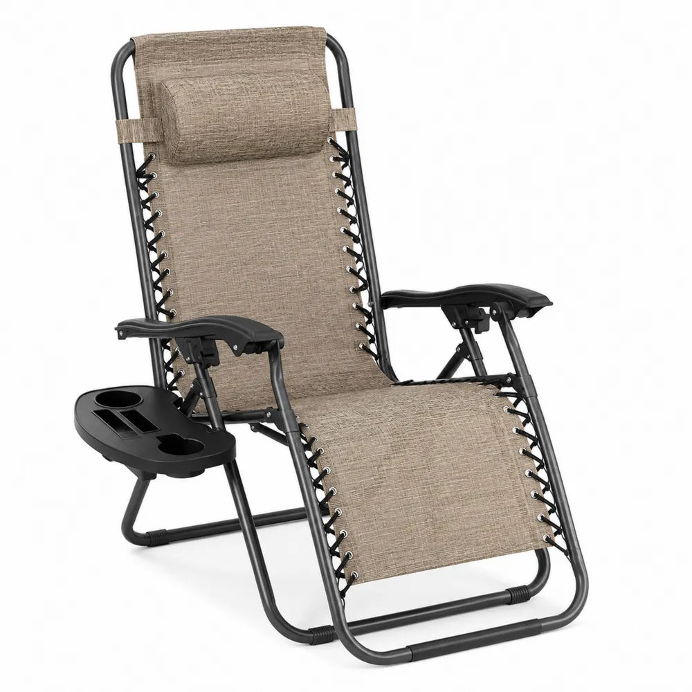 Fauteuil relax de jardin pliant inclinable 160 x 65 x 110 cm acier thermolaqué noir textilène taupe avec repose-tête et plateau porte-gobelet
