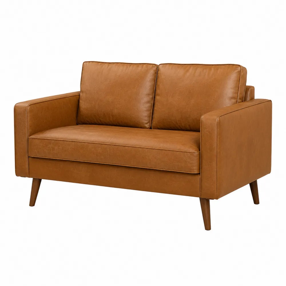 Canapé 2 places 145 x 78 x 82 cm revêtement similicuir PU cognac structure bois massif pieds bois