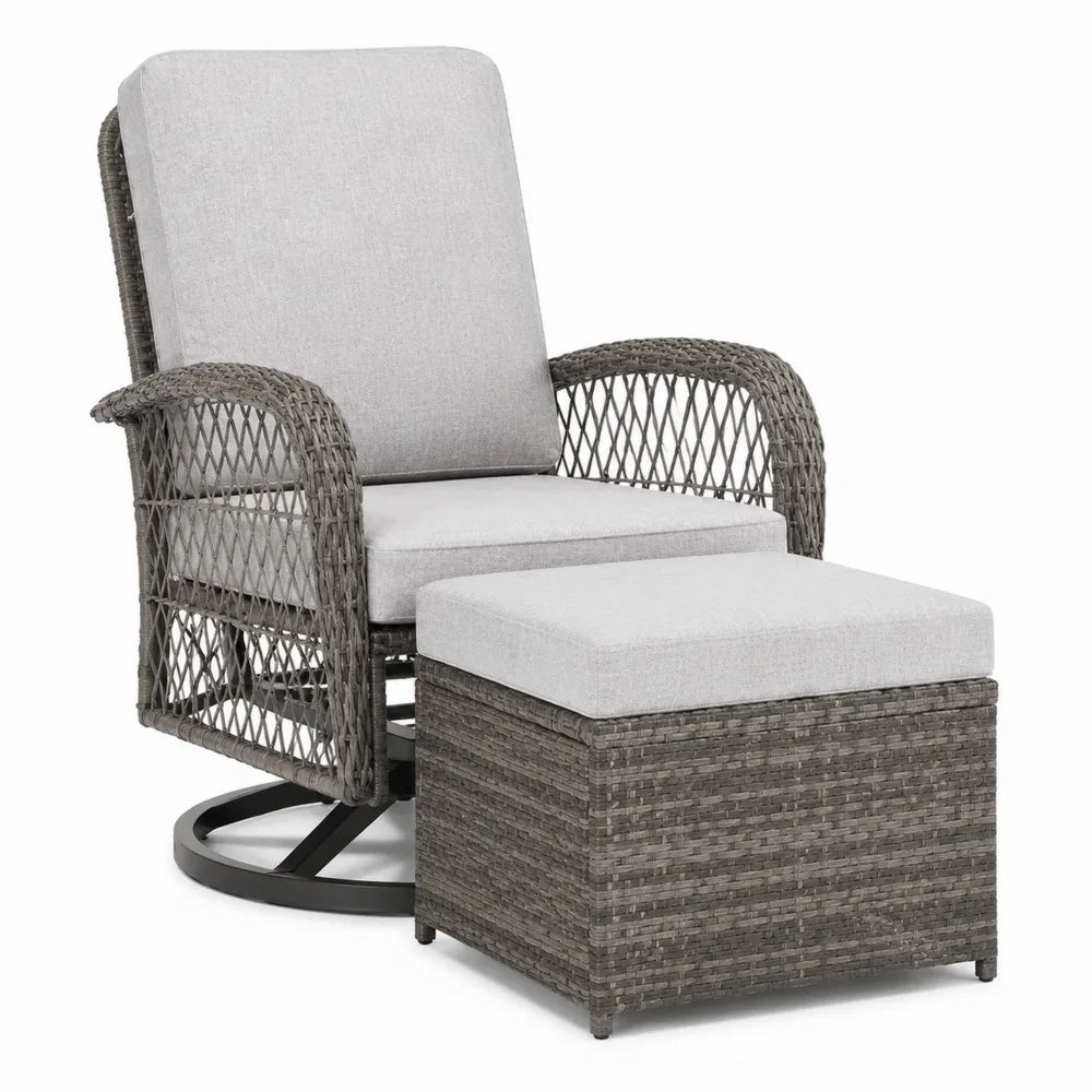 Ensemble fauteuils de jardin pivotants avec repose-pieds résine tressée gris coussins gris clair structure acier