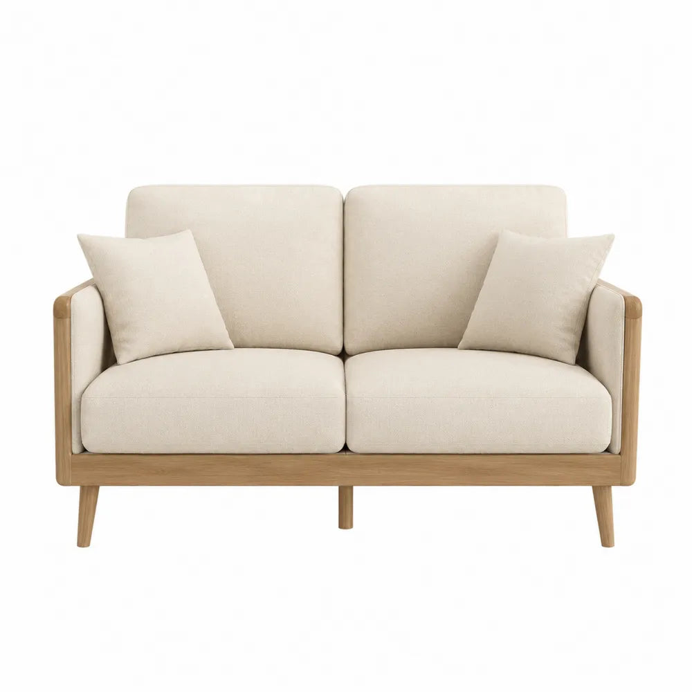 Canapé deux places 142 cm L 78 cm P 82 cm polyester écru cadre bois d’hévéa massif chêne clair avec coussins