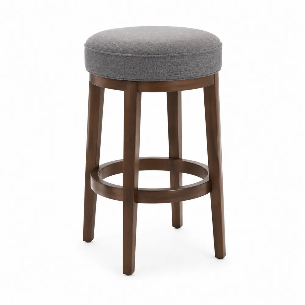Tabouret de bar 4 pieds 45 x 45 x 65 cm assise rembourrée tissu gris structure bois massif avec repose-pieds circulaire